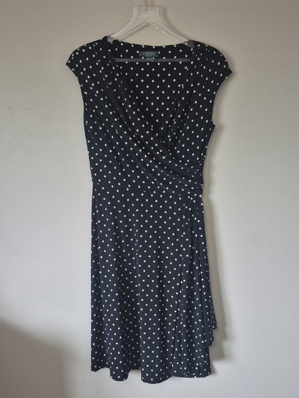 Ralph Lauren Classic Polka Dot Faux Wrap Stretch Jersey Midi Dress Size 10